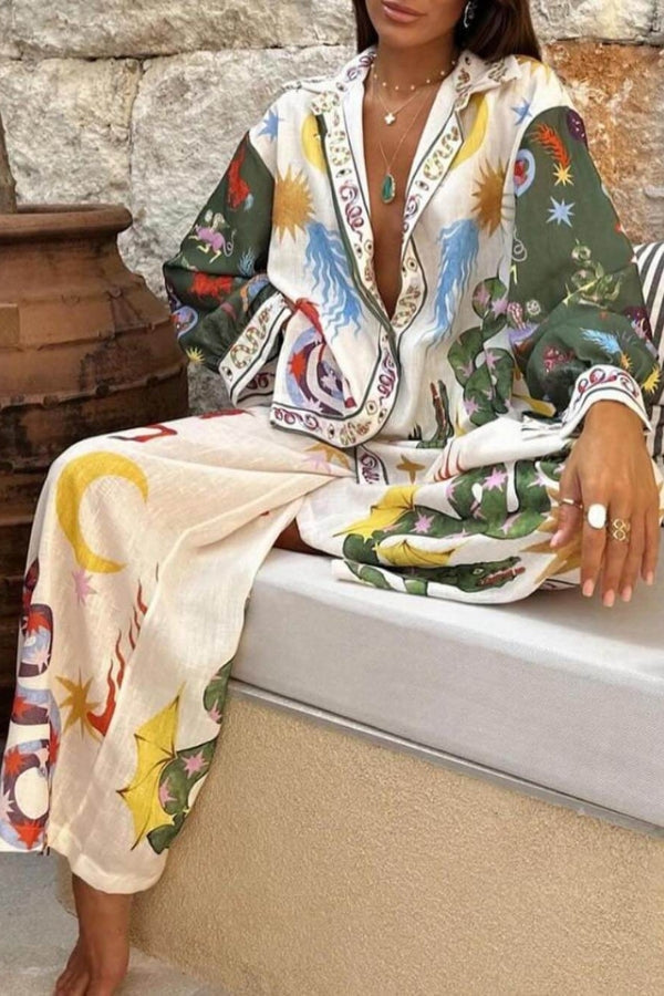 Bohemian Beauty Unique Print Long Sleeve Loose Shirt and Elastic Waist Pants Set Multicolor