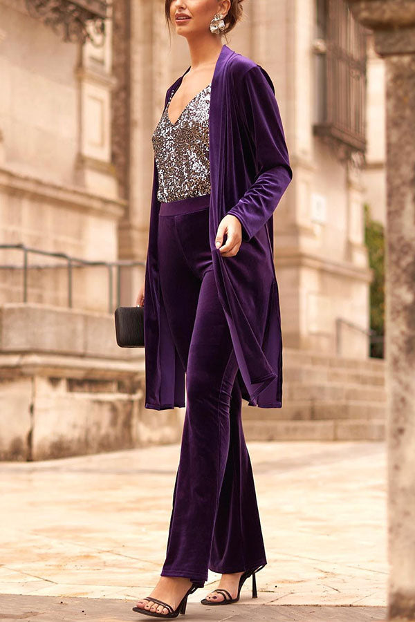 LUXE LADY VELVET LONG SLEEVE OPEN FRONT DRAPE MIDI KIMONO Purple