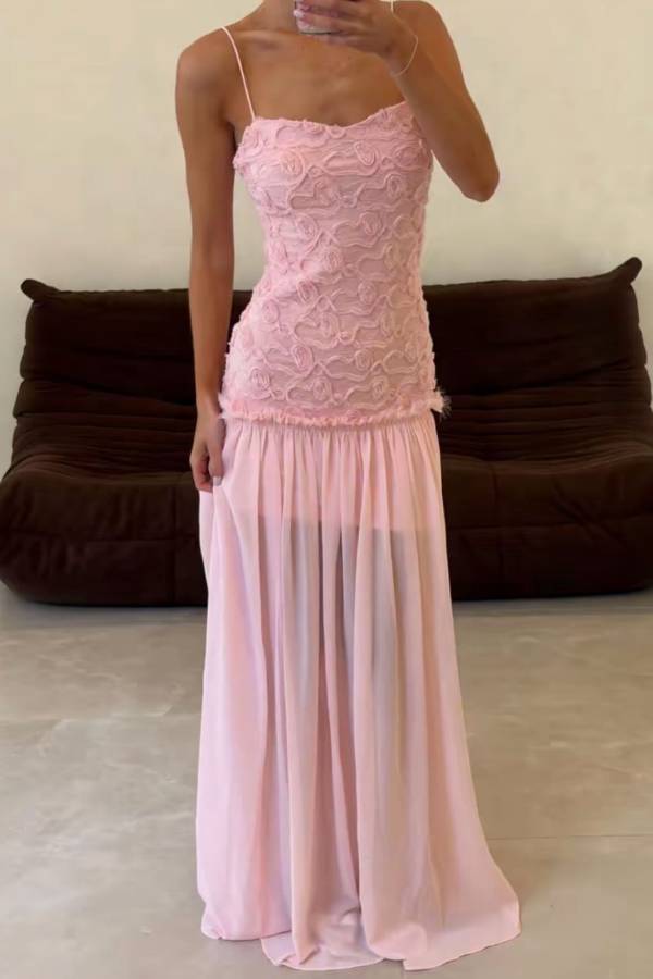 3D Rose Lace Panel Chiffon Flowy Maxi Dress