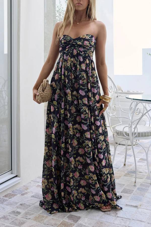 Black Floral Print Strapless Tie-Back Chiffon Maxi Dress