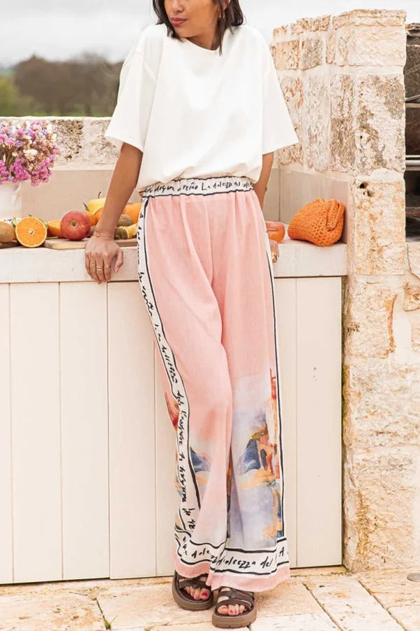 Unique Printed Elastic Waist Vacation Casual Wide Leg Pants