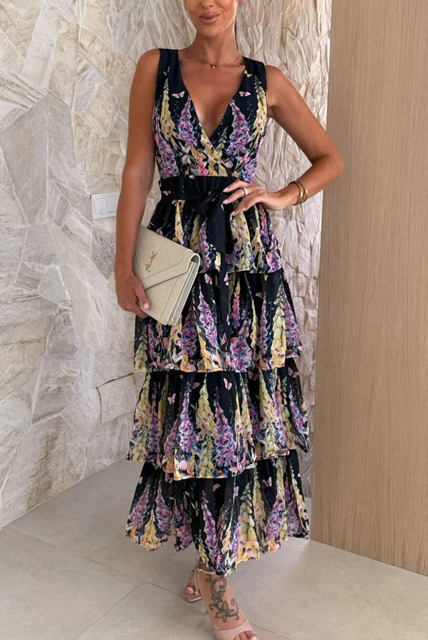 Sunny Views Lavender Print V-neck Tie-up Tiered Maxi Dress Black