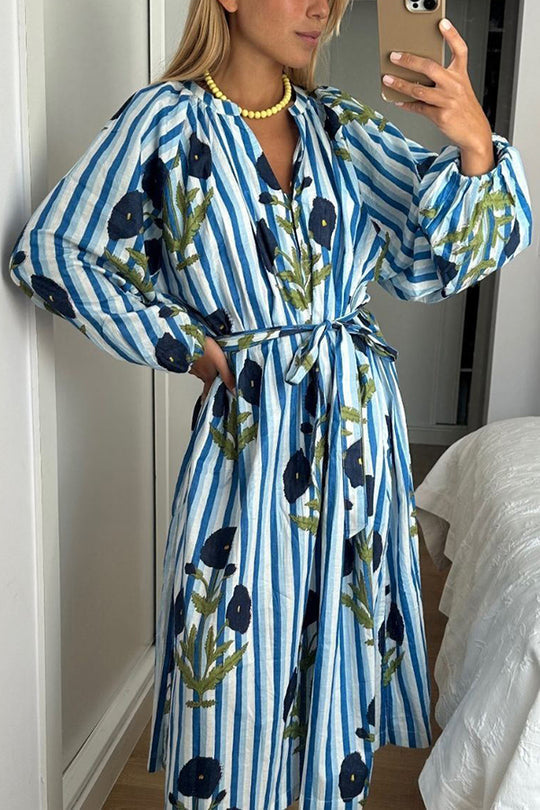 Linen Blend Floral Stripe Print Button Up Belt Pocketed Kaftan Midi Dress Blue