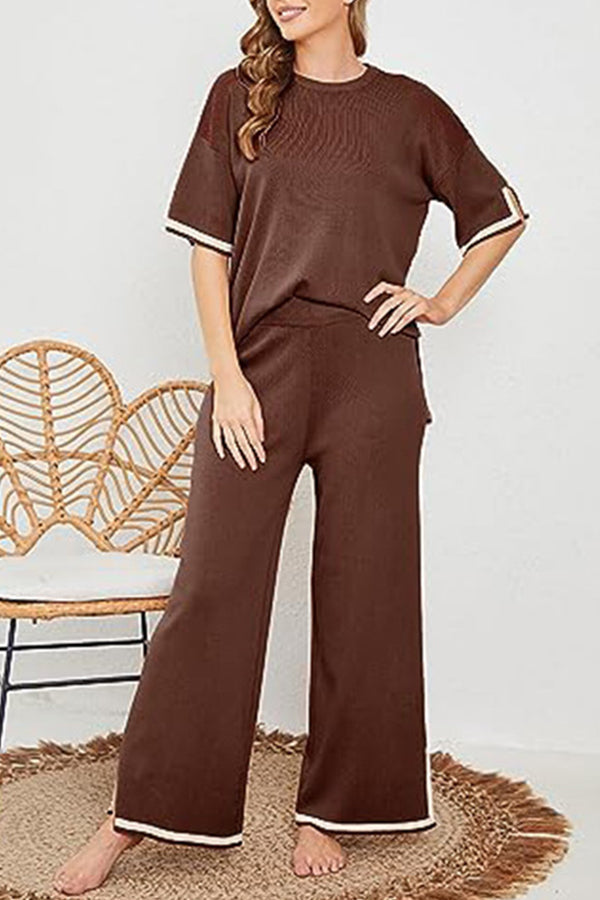 Lounge or Casual Wear Knit Patchwork Color Block Short Sleeve Top and Elastic Wide Leg Pants Brown