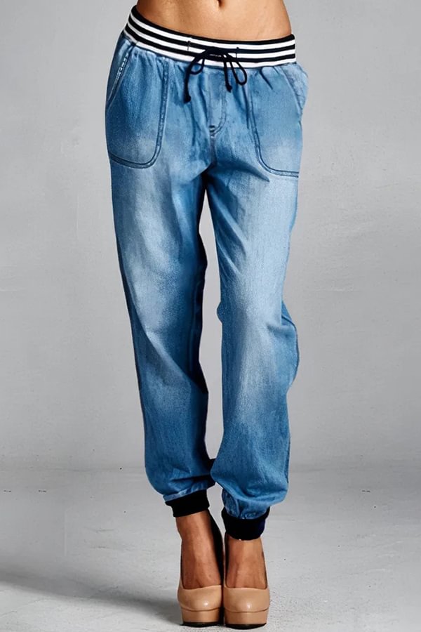 Relaxed Casual Pocket Elastic Waist Lace Up Jogger Blue