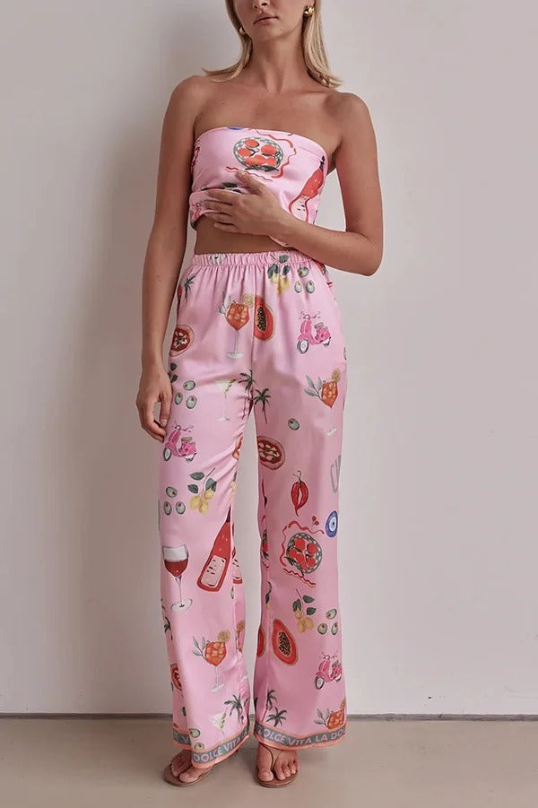 Linen Blend Unique Printed Bandeau Top and Elastic Waist Pocket Pants Set