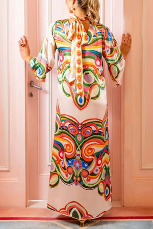 Venice Satin Colorful Baroque Style Print High Neck Tie-up Half Bell Sleeve Maxi Dress