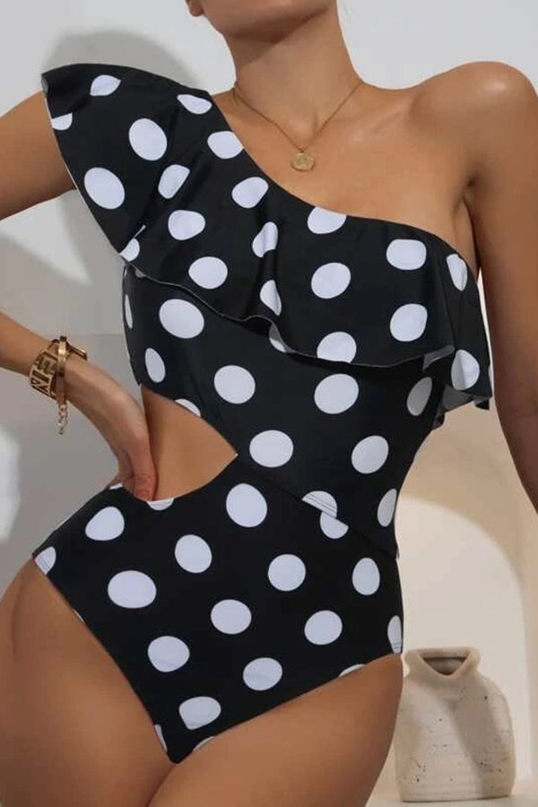 One-shoulder Ruffled Polka Dot One-piece Swimsuit Black