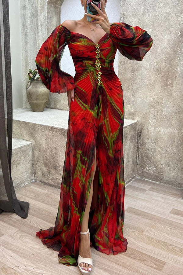 Sunset Serenade Printed Off Shoulder Diamond Embellished Pleated Slit Maxi Dress Red