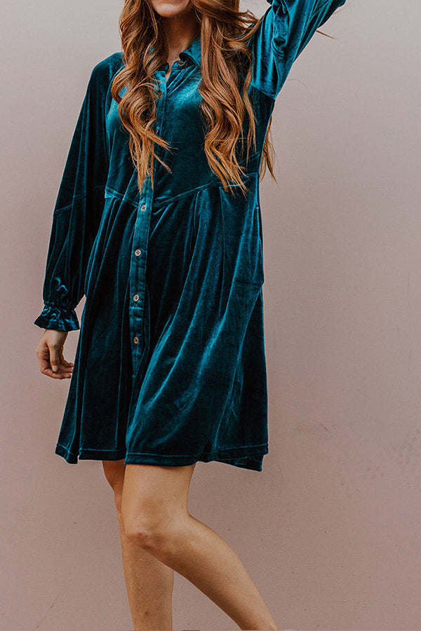 Velvet Double Pocket Shirt Collar Button Elegant Long Sleeve Dress