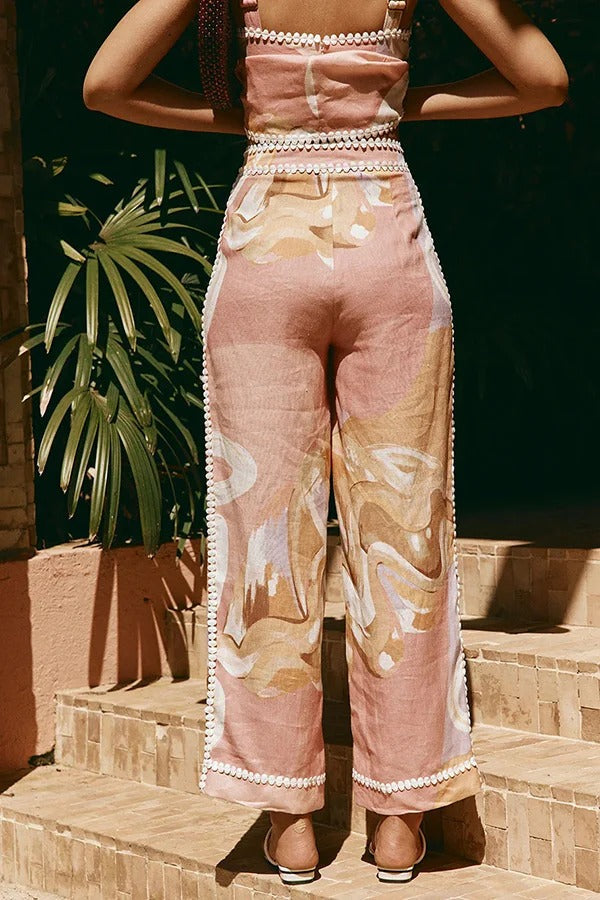 European Summer Linen Blend Ric Rac Trims High Rise Pocket Loose Pants