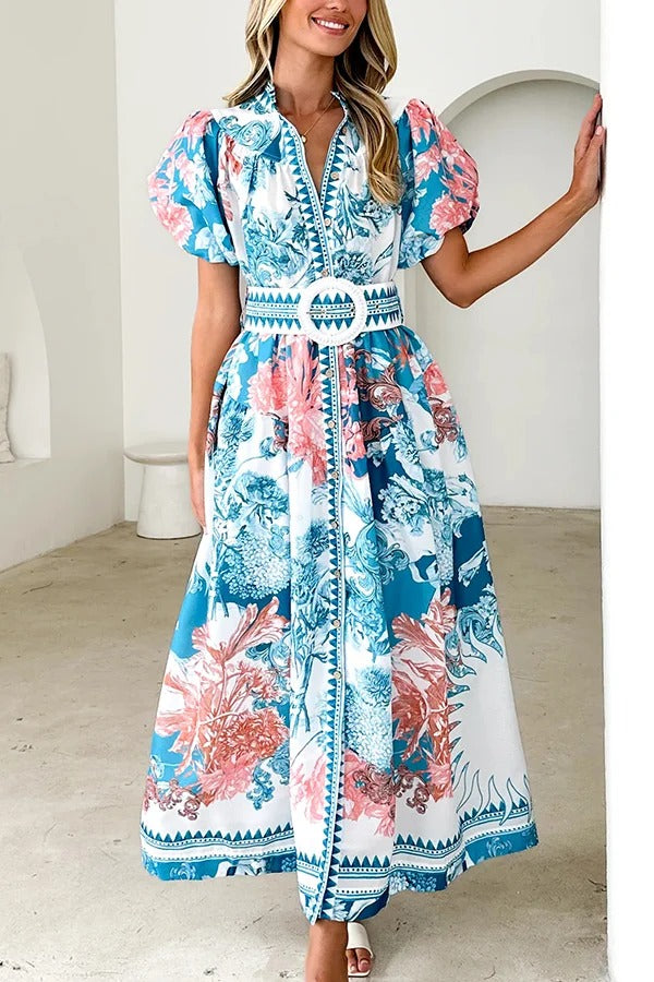 Unique Print Puff Sleeve Button Belt Casual Maxi Dress