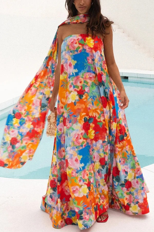 Floral Print Off-The-Shoulder Loose Holiday Maxi Dress