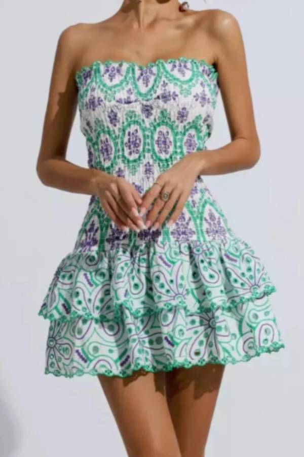 Strapless Pleated Embroidered Fitted Mini Dress Green