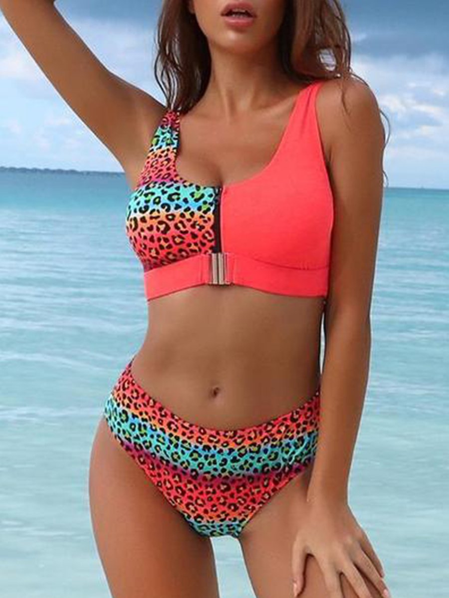 Leopard Floral Patchwork Zipper Bikini Set Orange
