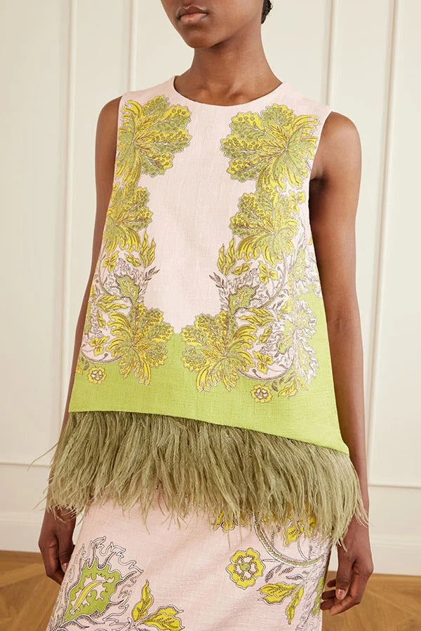 Unique Botanical Print Feather Trim Sleeveless Top and High Rise Slit Midi Skirt Set