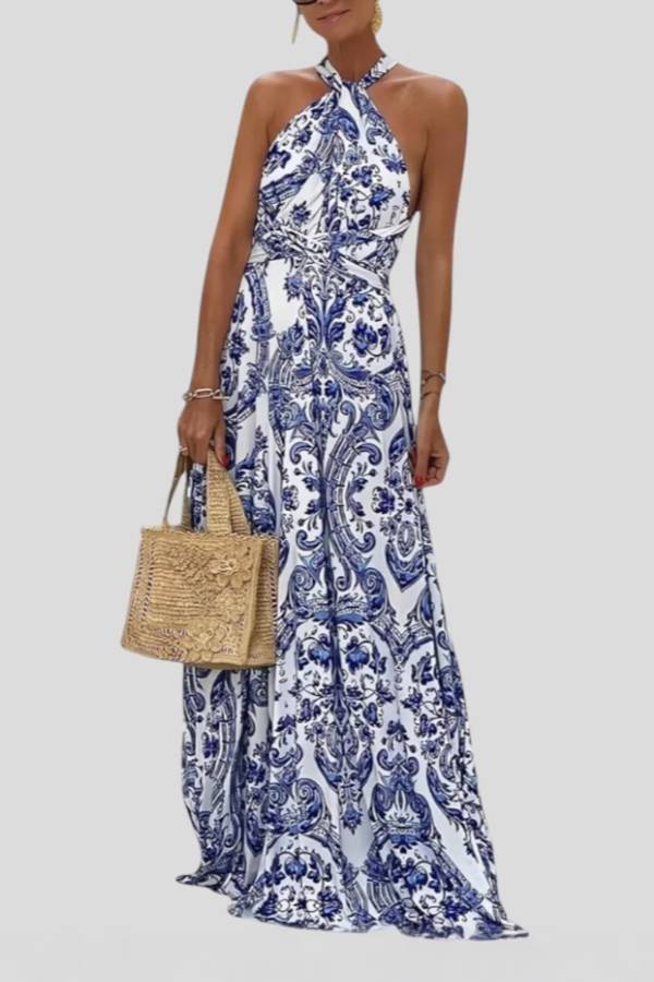 Blue-and-White Porcelain Print Halter Open-Back Waisted Maxi Dress