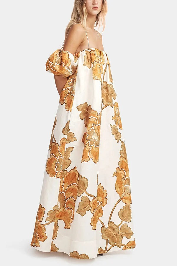 Maxikleid mit Blumendruck, Hosenträgern, Puffärmeln, lockeren Taschen und Urlaubs-Maxikleid 