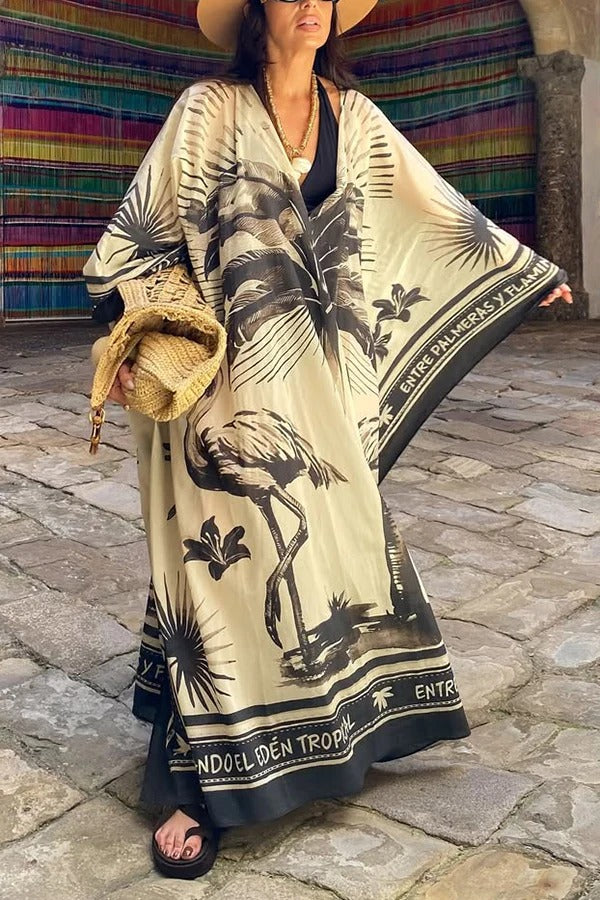 Flora Flamingo Print V-neck Loose Holiday Maxi Dress