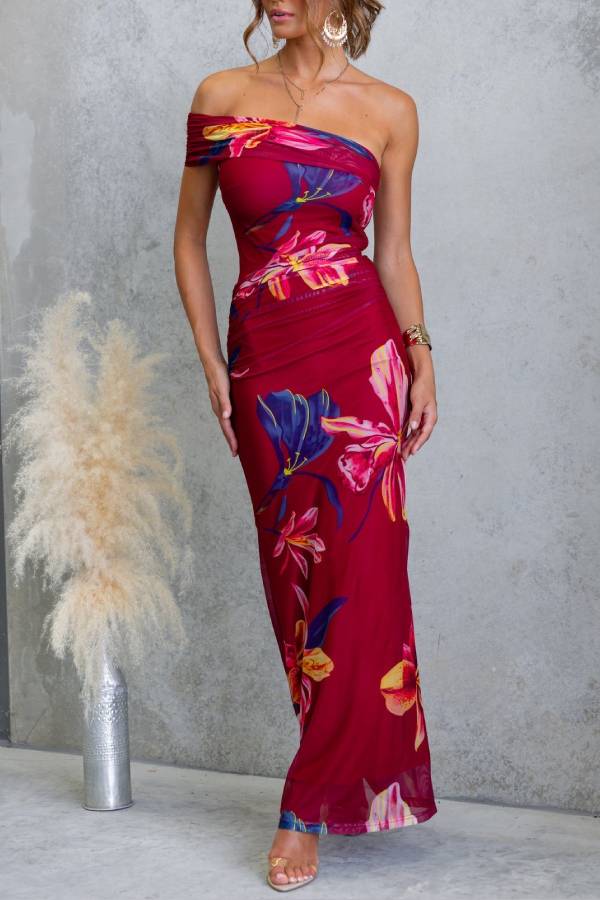 One-Shoulder Printed Mesh Bodycon Mermaid Maxi Dress