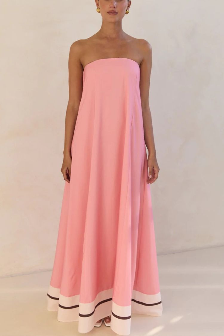 Unique Print Sexy Tube Top Back Zipper Loose Maxi Dress Pink