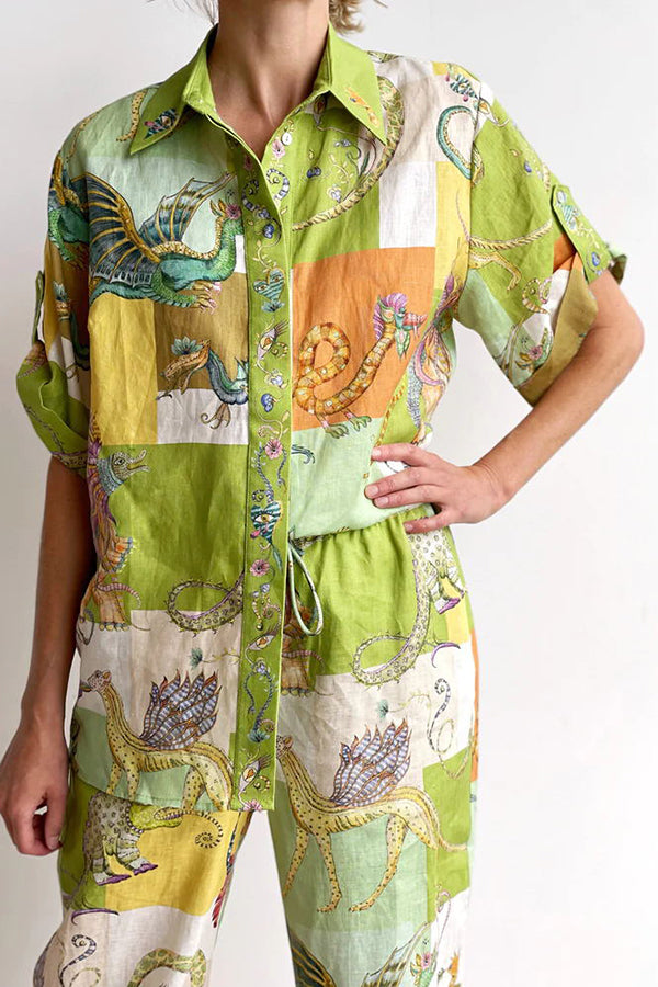 Dragon Family Linen Blend Printed Button Down Oversized Blouse Green