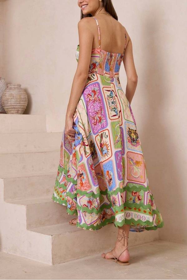 Sleeveless Lace Dress with Sling Print Resort Style