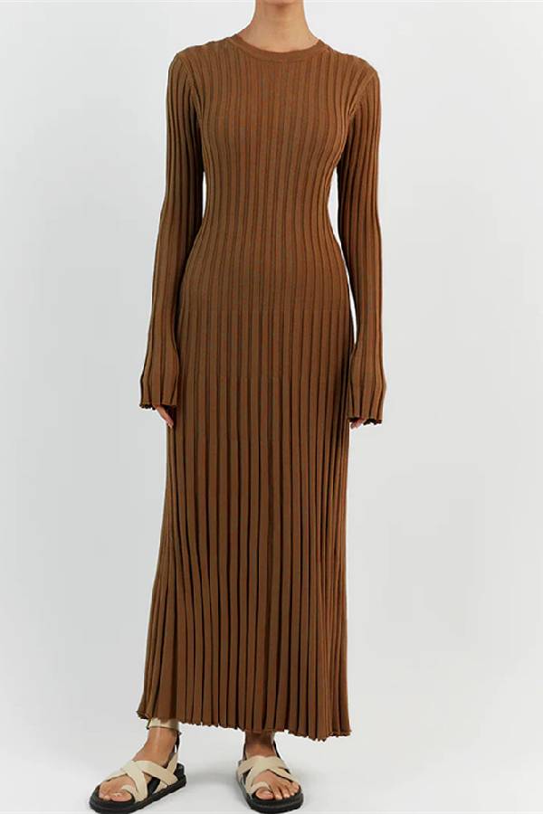 Big Pit Stripe Slimming Long sleeve Long Dress Brown