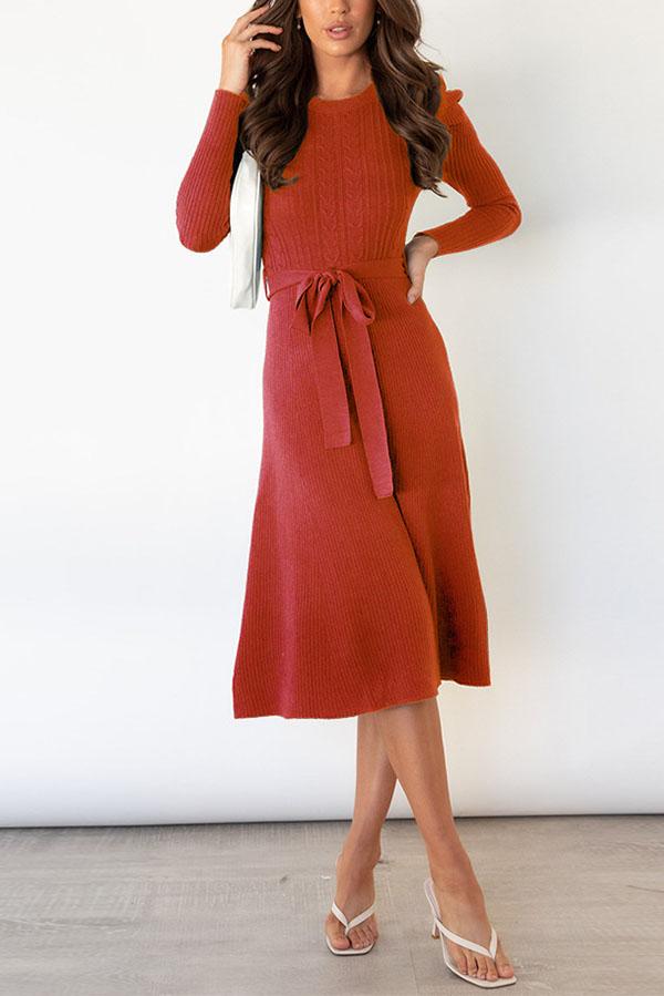 Bubble Long-sleeved Knitted Mid-length Dress Red
