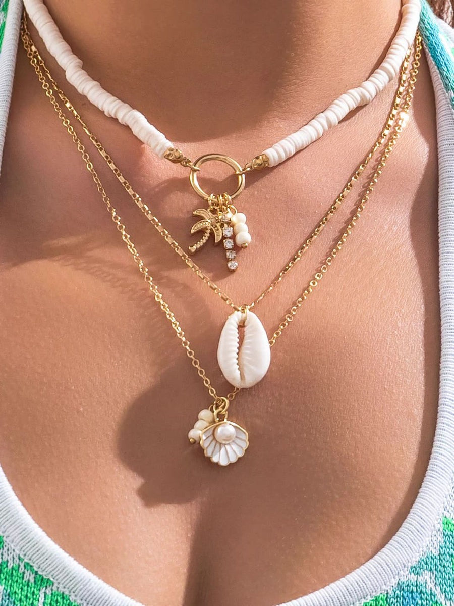 Shell And Sunflower Pendant Multi-layered Necklace Gold one size