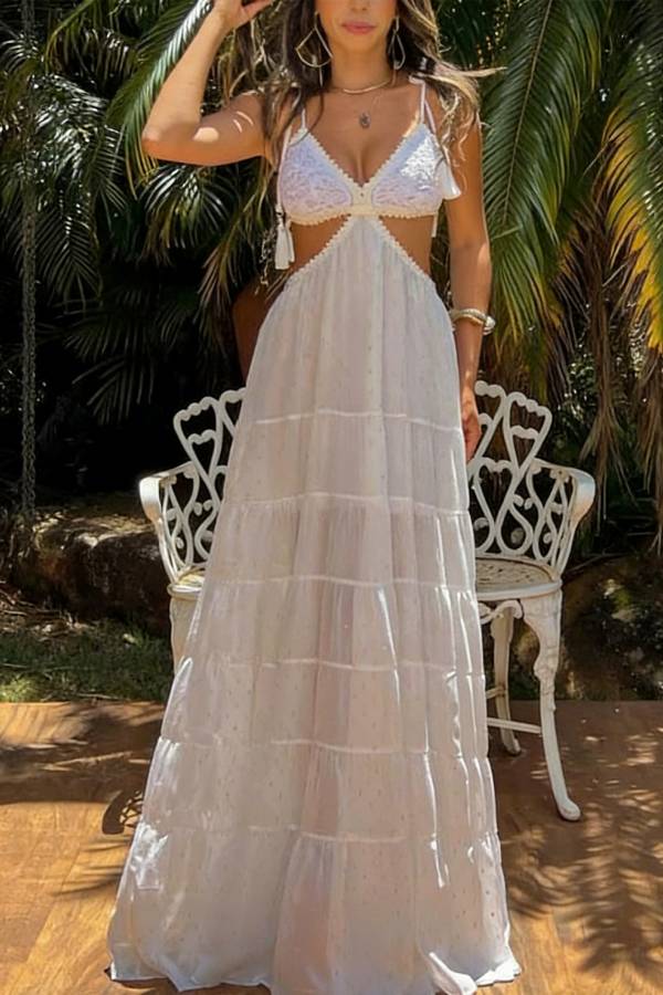 Soleil Crochet Tassel Shoulder Strap Cutout Waist Chiffon Polka Dot Vacation Maxi Dress