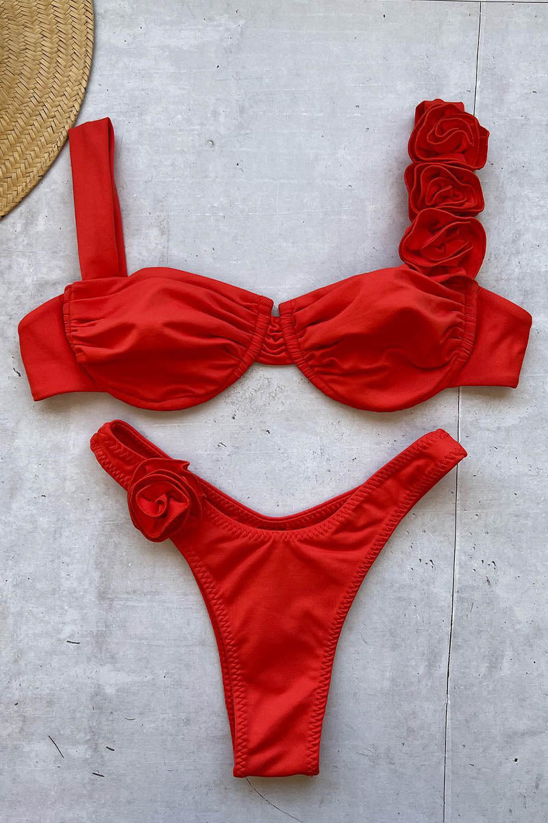 Three-dimensional flower split solid color women's swimsuit Red