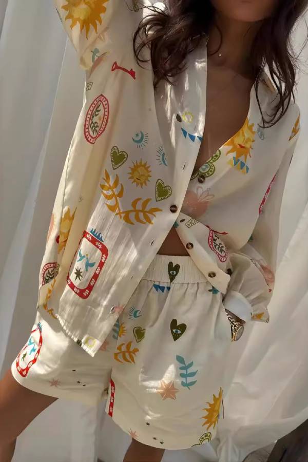 Retro Sun & Heart Print Long‑Sleeve Shirt & Shorts Two‑Piece Set