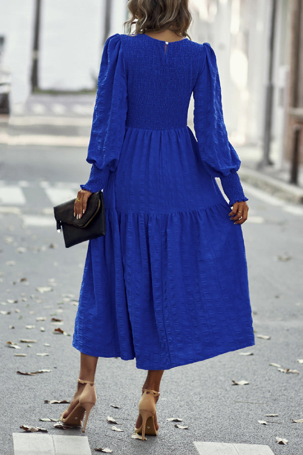 Solid Lantern Sleeve Ruffle Hem Shirred Dress
