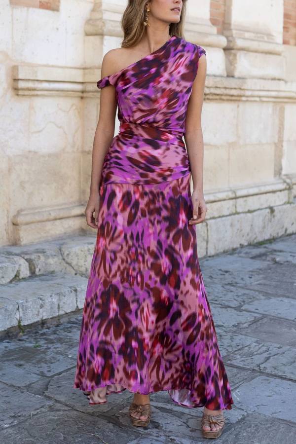 One‑Shoulder Blur Print Waist‑Fitted Maxi Dress