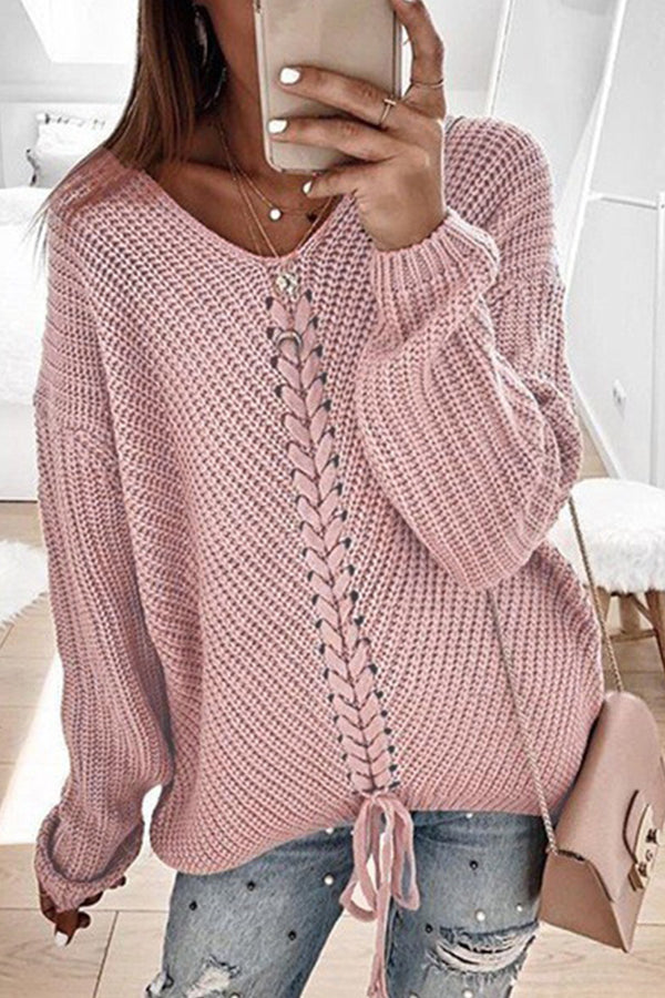 Loose V Neck Drawstring Open Back Pullover Knitted Sweater Pink