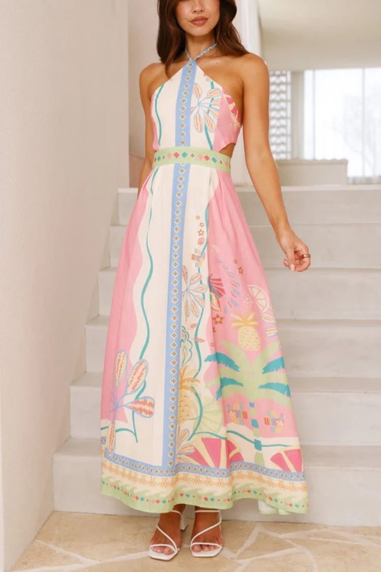 Unique Halter Neck Strappy Backless Maxi Dress Multicolor