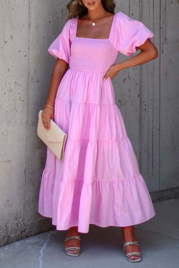 MODENA PUFF SLEEVE TIERED MIDI DRESS Pink