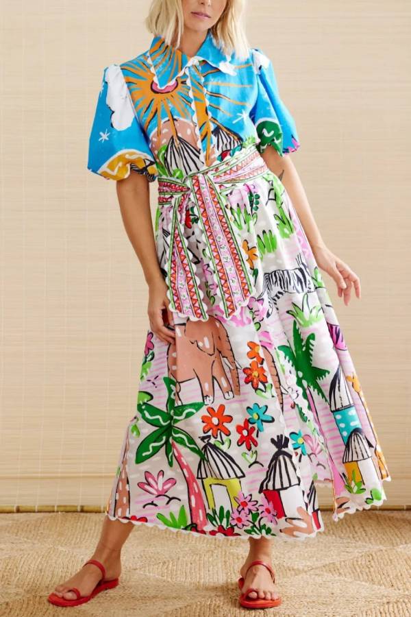 Whimsical African Safari Print Puff-Sleeve Shirt Dress
