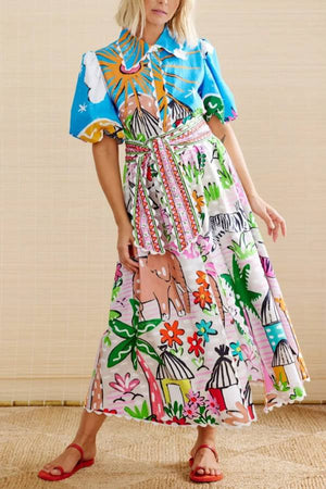 Whimsical African Safari Print Puff-Sleeve Shirt Dress