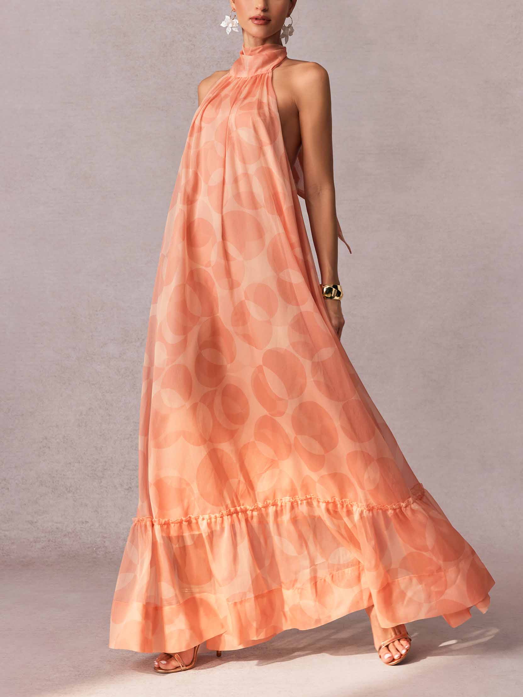 Robe longue à imprimé géométrique lumineux et col licou