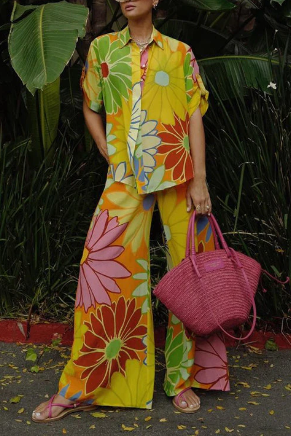 Margovil Floral Print Roll Up Short Sleeves Button Up Shirt Wide Leg Pants Set Yellow