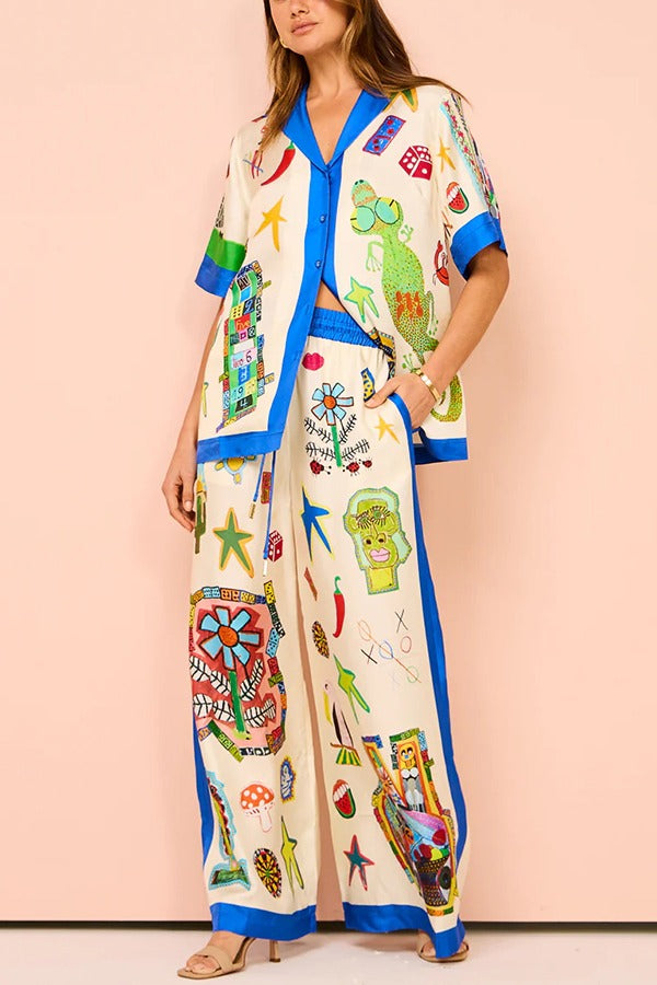 Vibrant Beach Satin Unique Print Colorblock Trim Elastic Waist Pocketed Wide Leg Pants MULTICOLOR