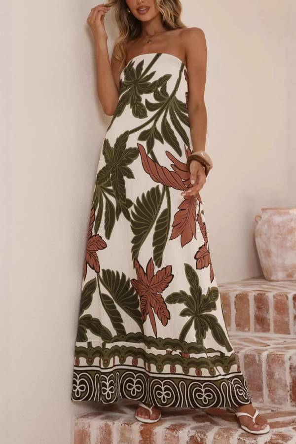 Tropical Leaf Print Strapless Tube Waisted Maxi Dress
