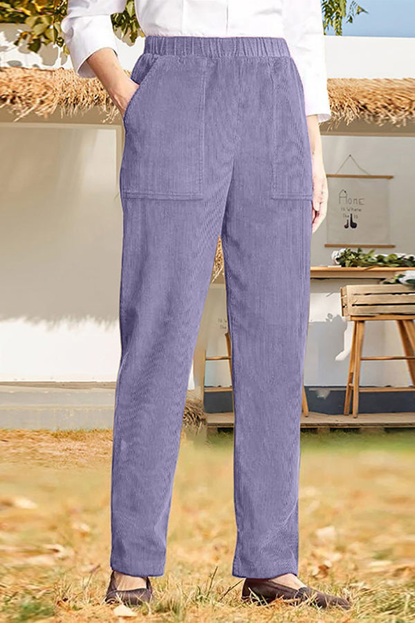 Solid color elastic waist striped straight casual pants Purple