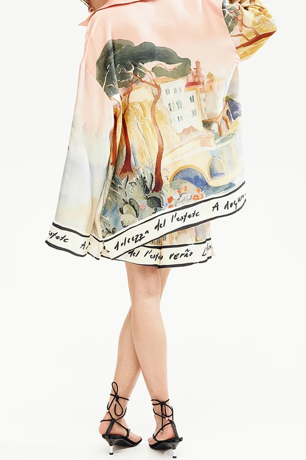 Unique Print Lapel Long Sleeve Loose Shirt and Elastic Waist Casual Pocket Shorts Set