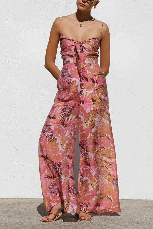 Botanical Print Strappy Resort Style Wide-leg Pants Jumpsuit