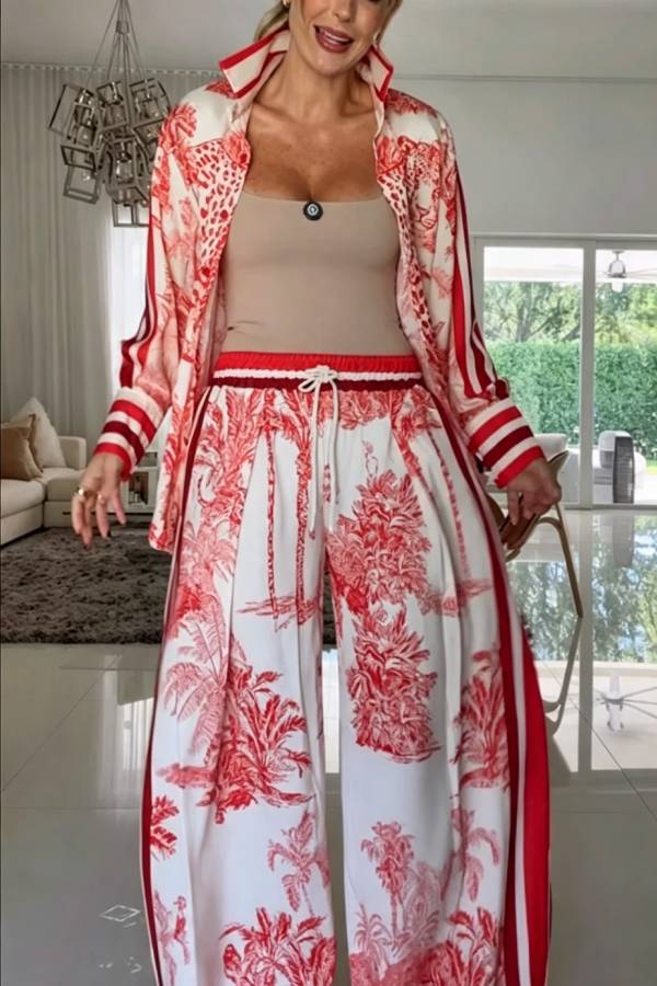 Esella Satin Jungle Print Long Sleeve Shirt and Elastic Waist Pocket Wide Leg Pants Set