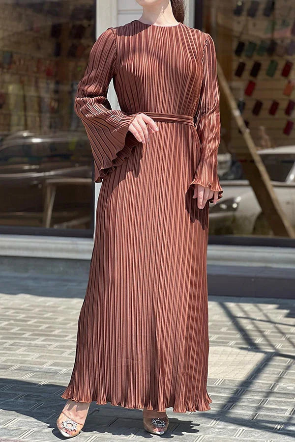 Victoria Pleated Bell Sleeve Back Tie Up Maxi Dress Brown
