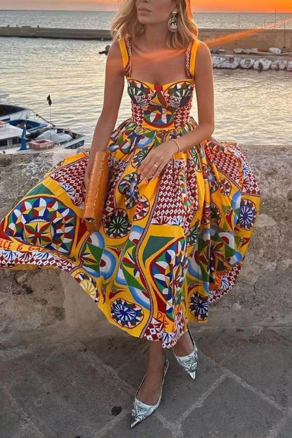 Unique Sunset Walk Ethnic Pattern Print Backless Midi Dress